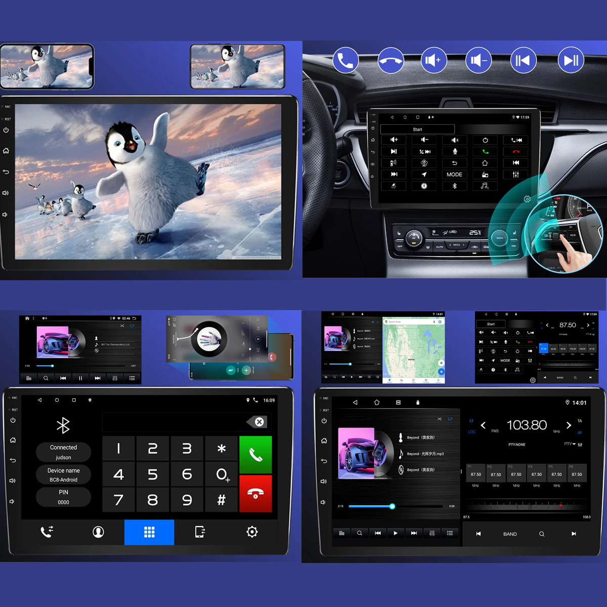 Múltiples pantallas de estéreo de coche muestran diferentes interfaces y funciones, incluyendo pingüinos.
