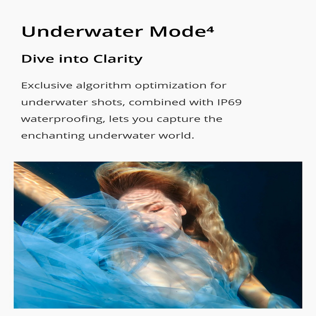 Kobieta w niebieskiej sukience jest pod wodą. Tło jest rozmyte niebieskie.