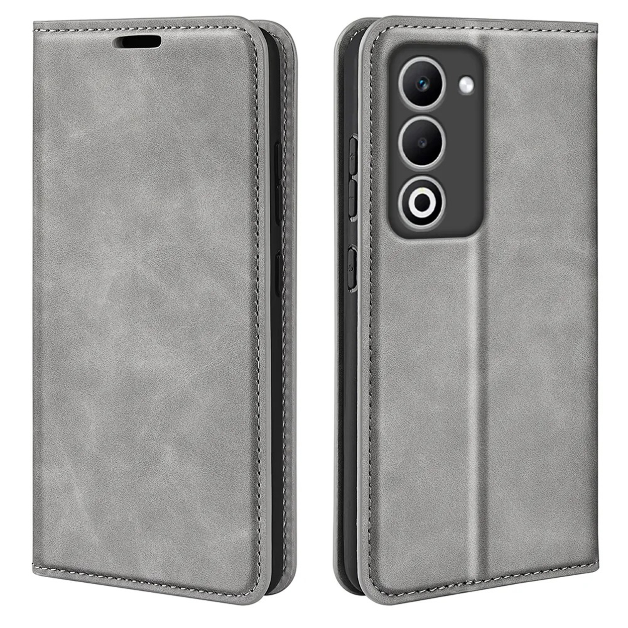 Deux étuis gris pour téléphone. Un ouvert, montrant cartes et espèces. L'autre fermé.
