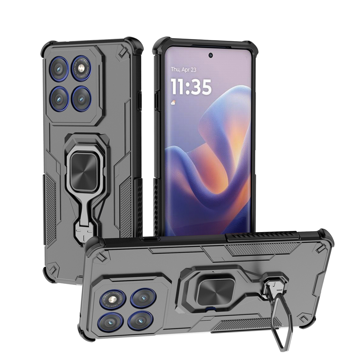 Drie grijze telefoonhoesjes met een telefoon erin. Eén toont de tijd 11:35.