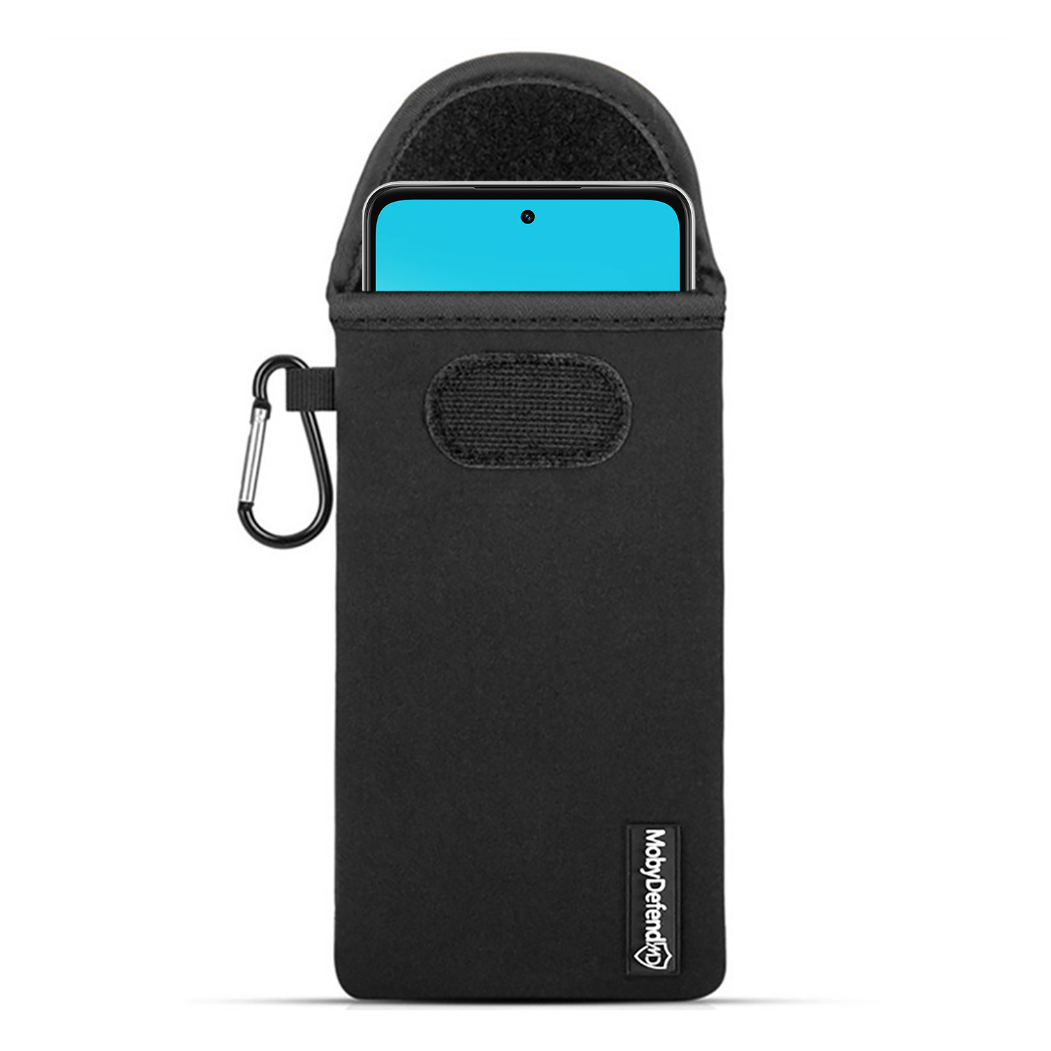 Zwarte telefoonhoes met een telefoon gedeeltelijk erin. Met karabijnhaak.