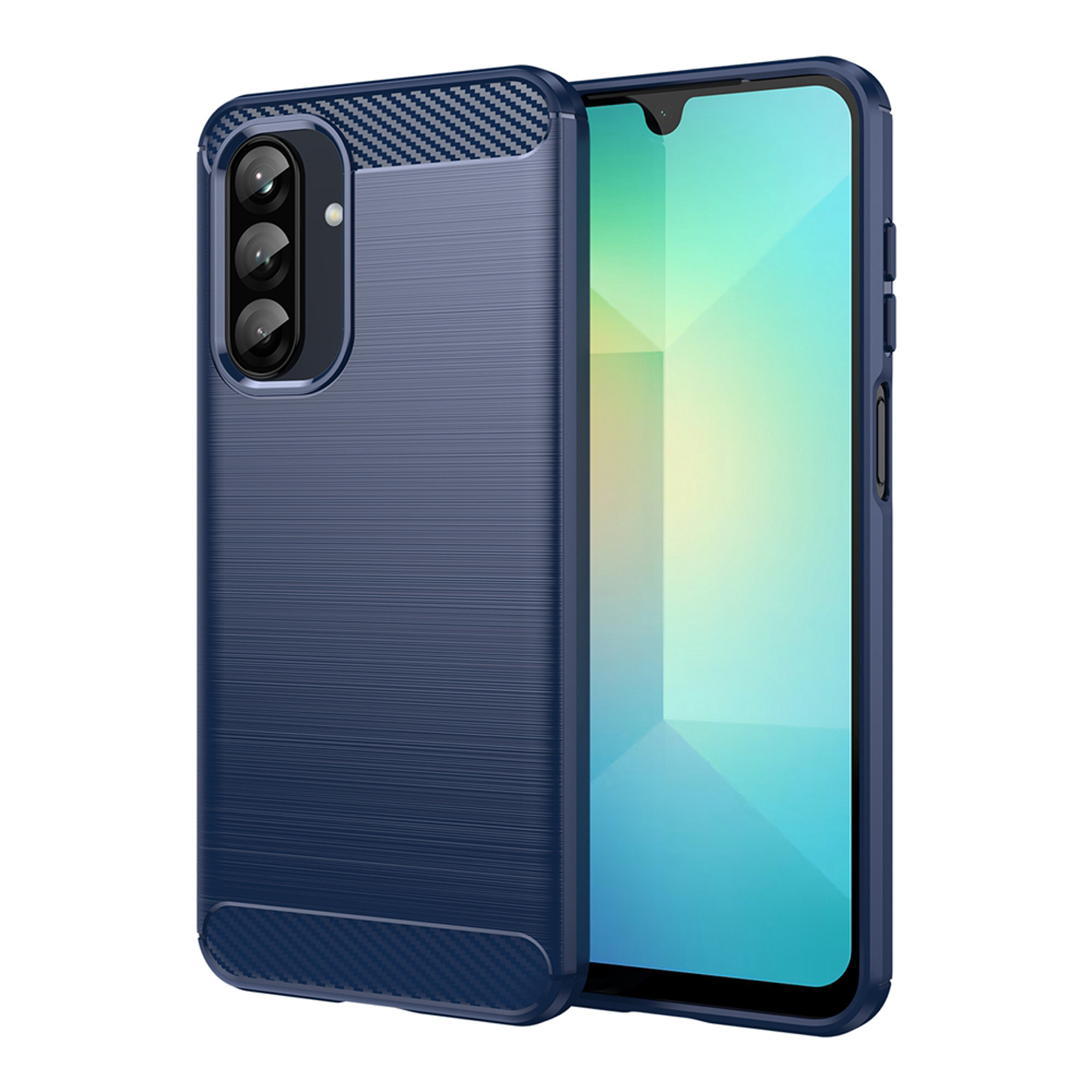 Coque de téléphone bleue avec dos texturé. Téléphone visible. Aspect fibre de carbone.