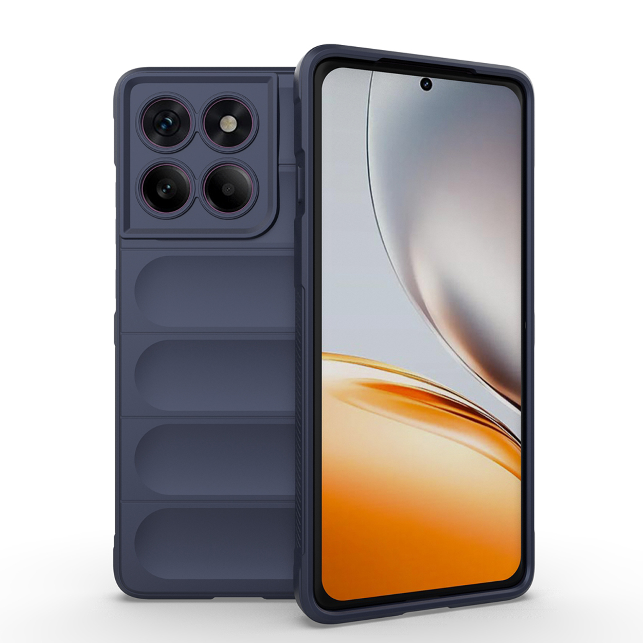 Deux coques de téléphone bleues. L'une montre le téléphone, l'autre l'arrière.