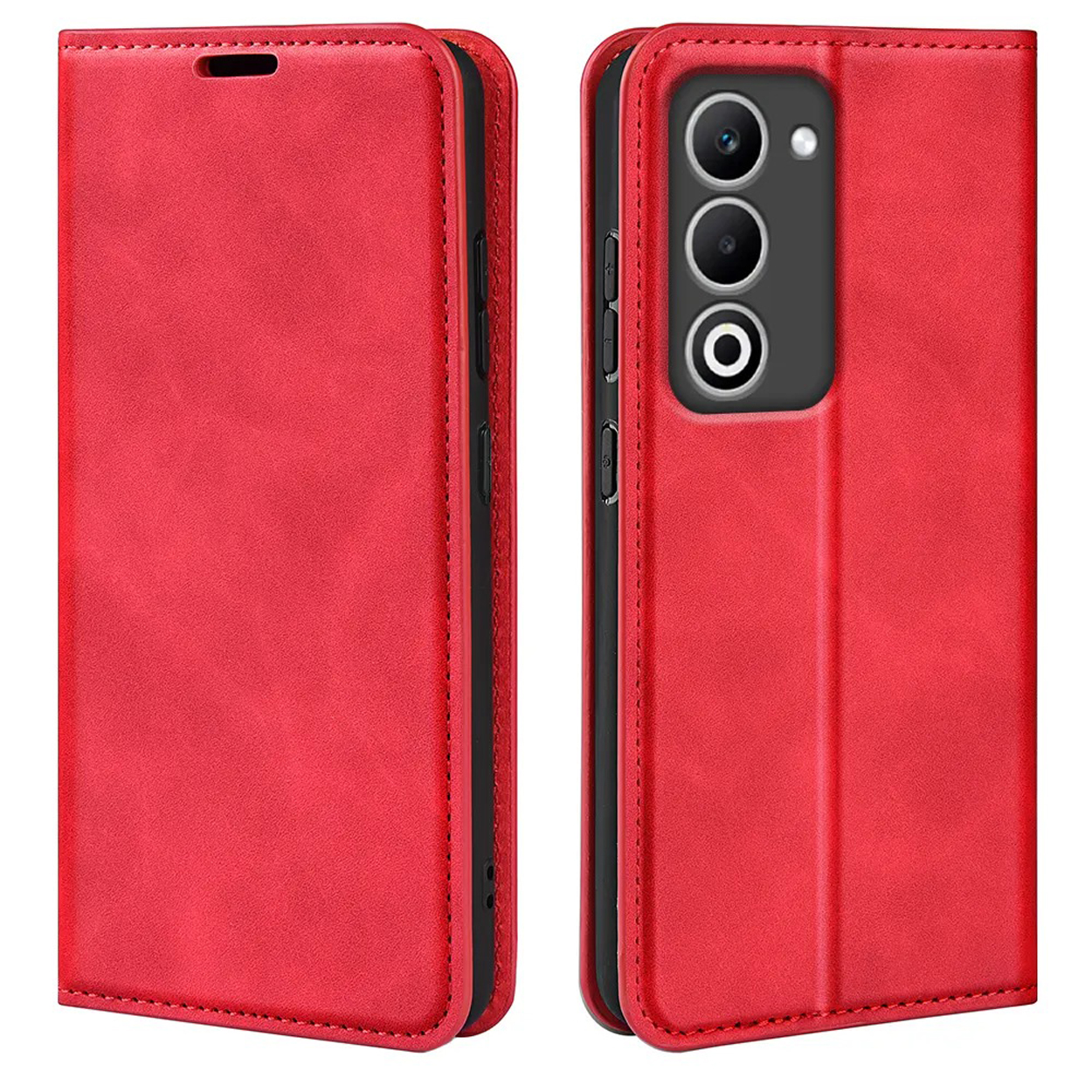 Étui de téléphone rouge avec un téléphone à l'intérieur. L'étui est ouvert, montrant la caméra du téléphone.