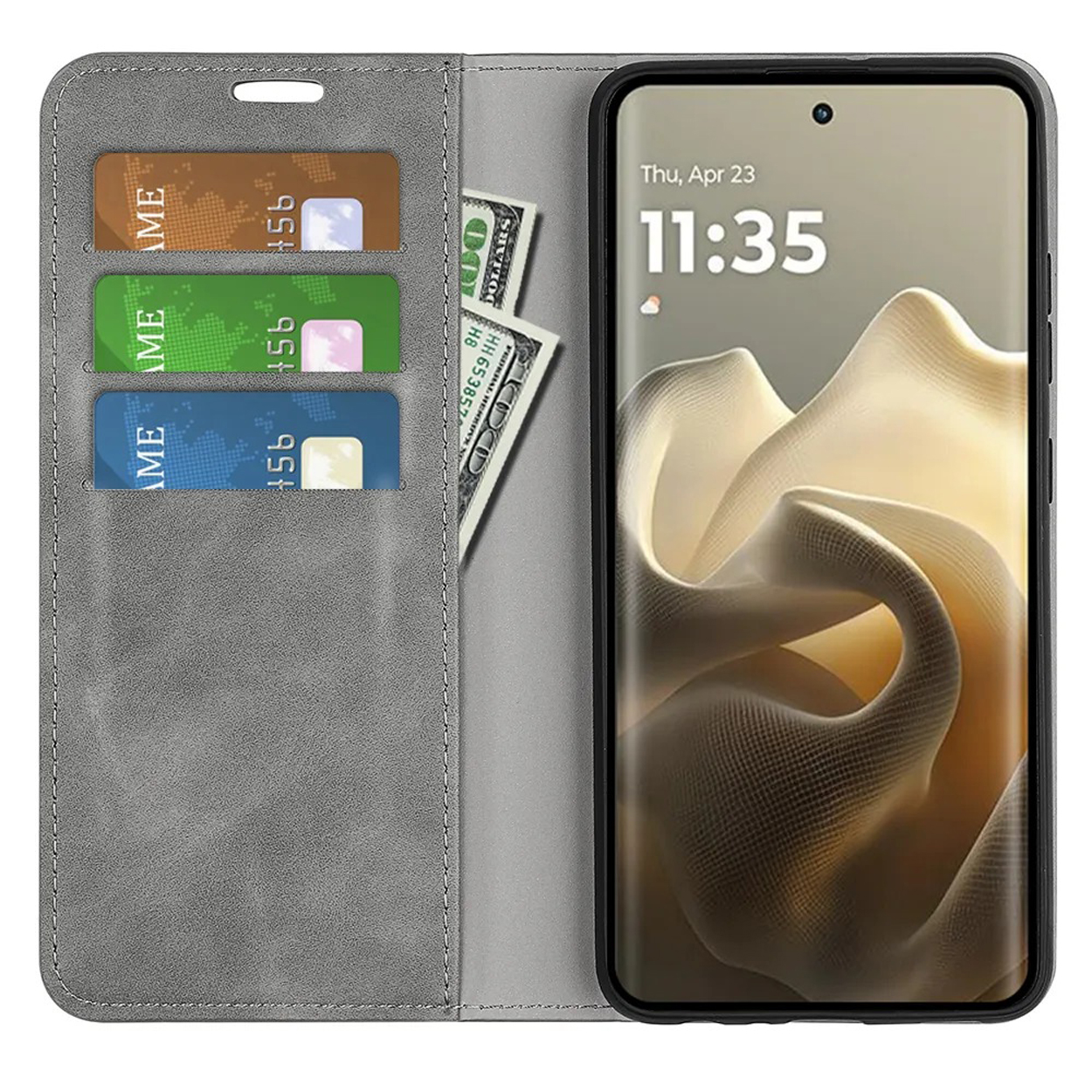 Grijze telefoonhoes met een telefoon erin. De hoes is open, met kaarten en contant geld. Vergelijkbaar met de eerste afbeelding.