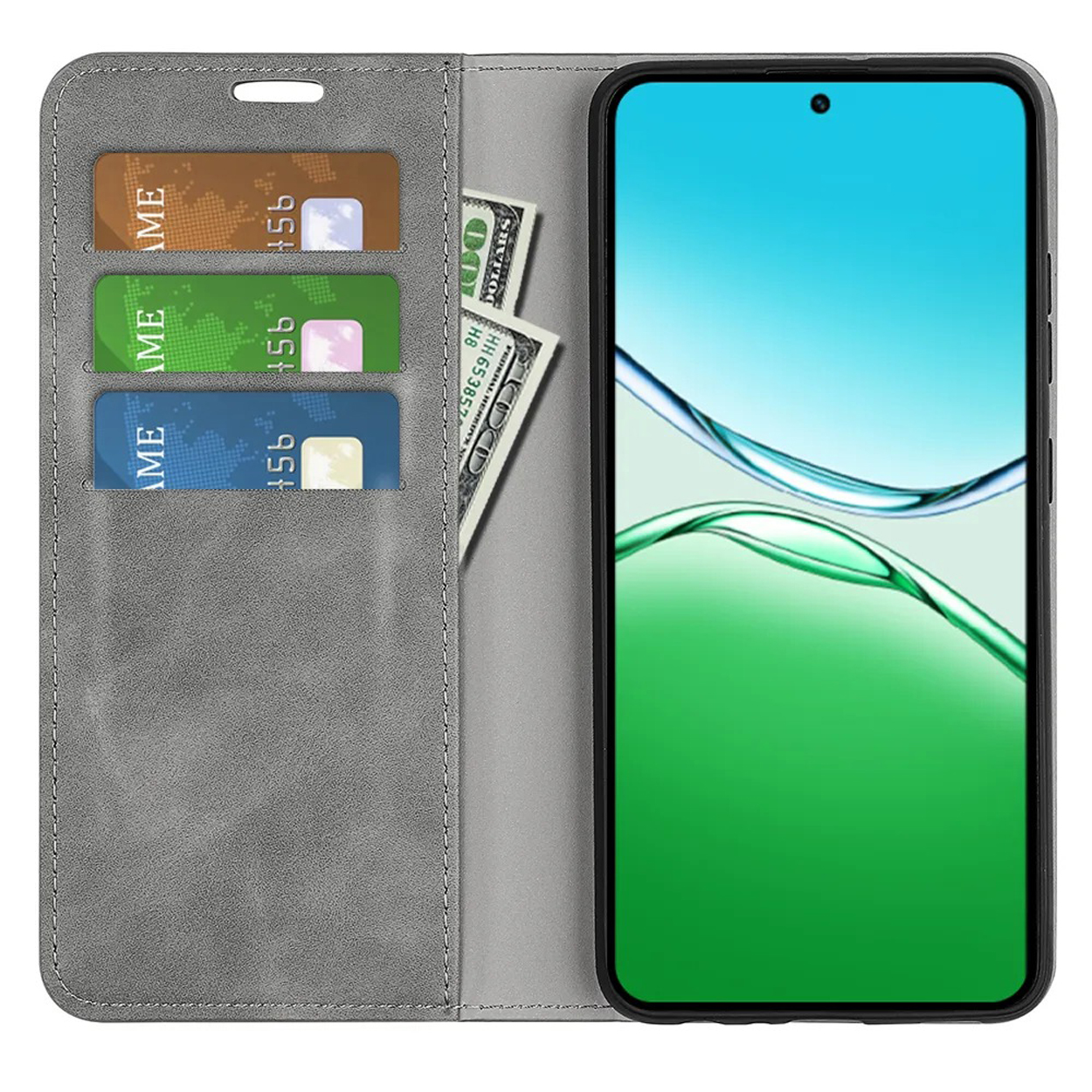 Étui de téléphone gris, ouvert, avec cartes et espèces visibles. Écran vert.