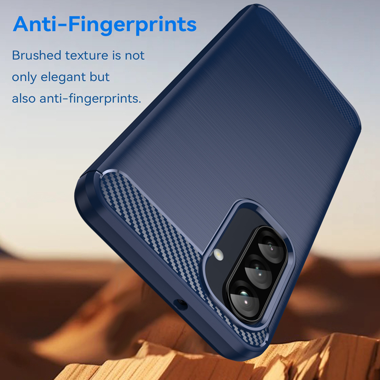 Un gros plan d'une coque de téléphone bleue. Il montre une texture anti-empreintes digitales.