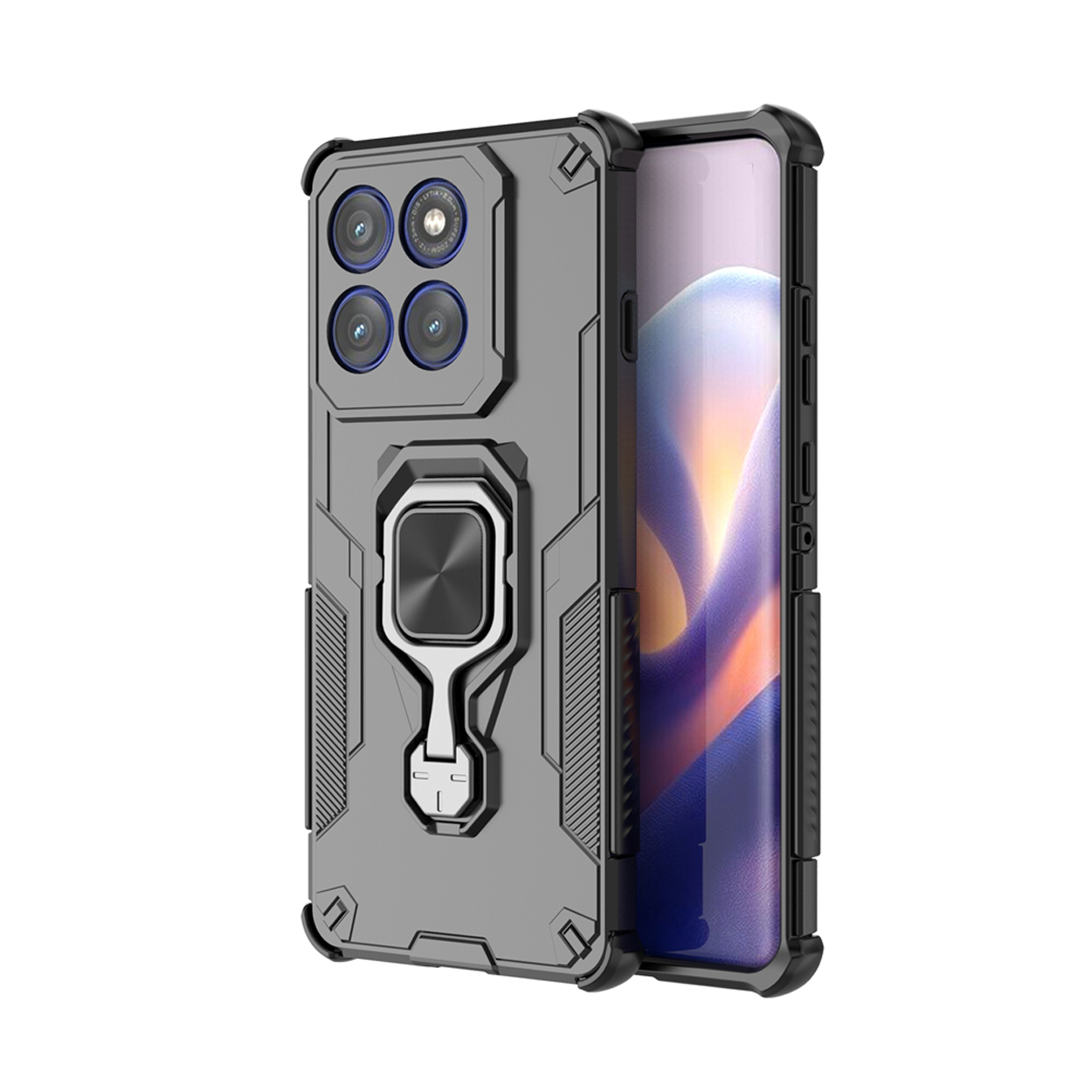 Een grijze en zwarte telefoonhoes met een telefoon erin. Het heeft een ringhouder en meerdere camera's.