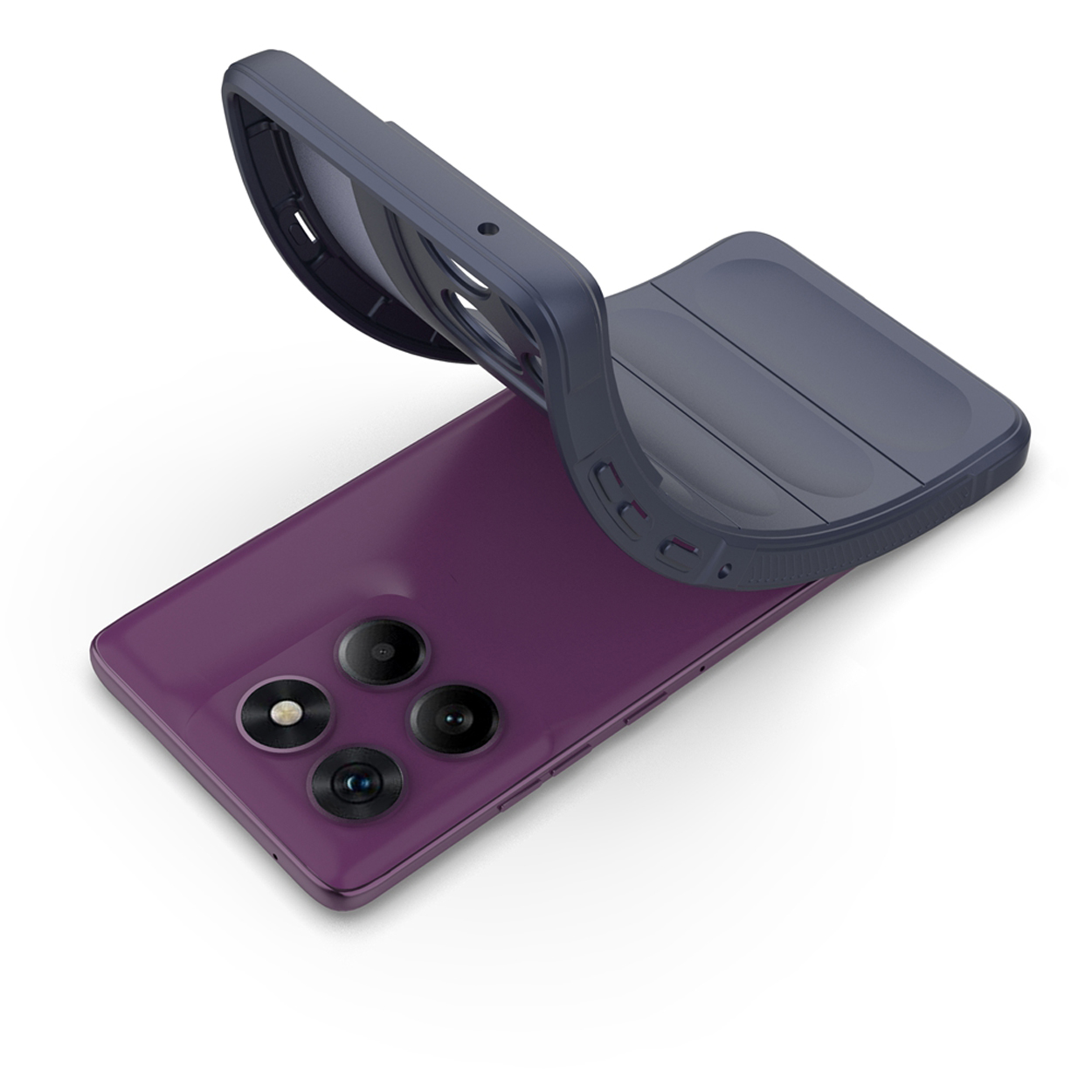 Un téléphone avec un dos violet, et une coque bleue le recouvrant à moitié. La coque est flexible.