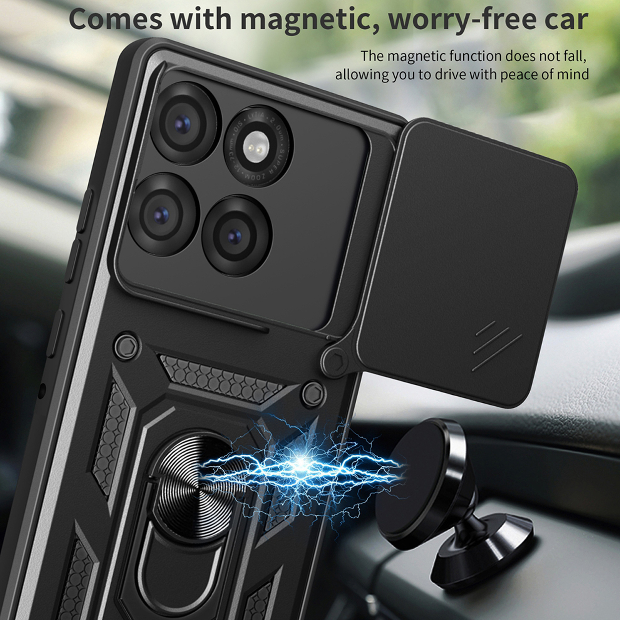 Zwarte telefoonhoes met schuifregelaar voor de camera. Telefoon is gemonteerd met een magnetische autohouder. Tekst bovenaan.