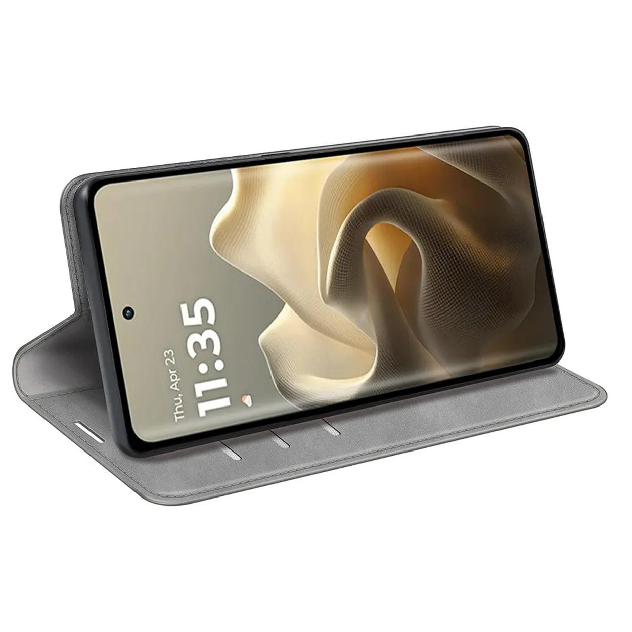 Grijs telefoonhoesje, open, met telefoon erin. Het scherm toont de tijd 11:35.