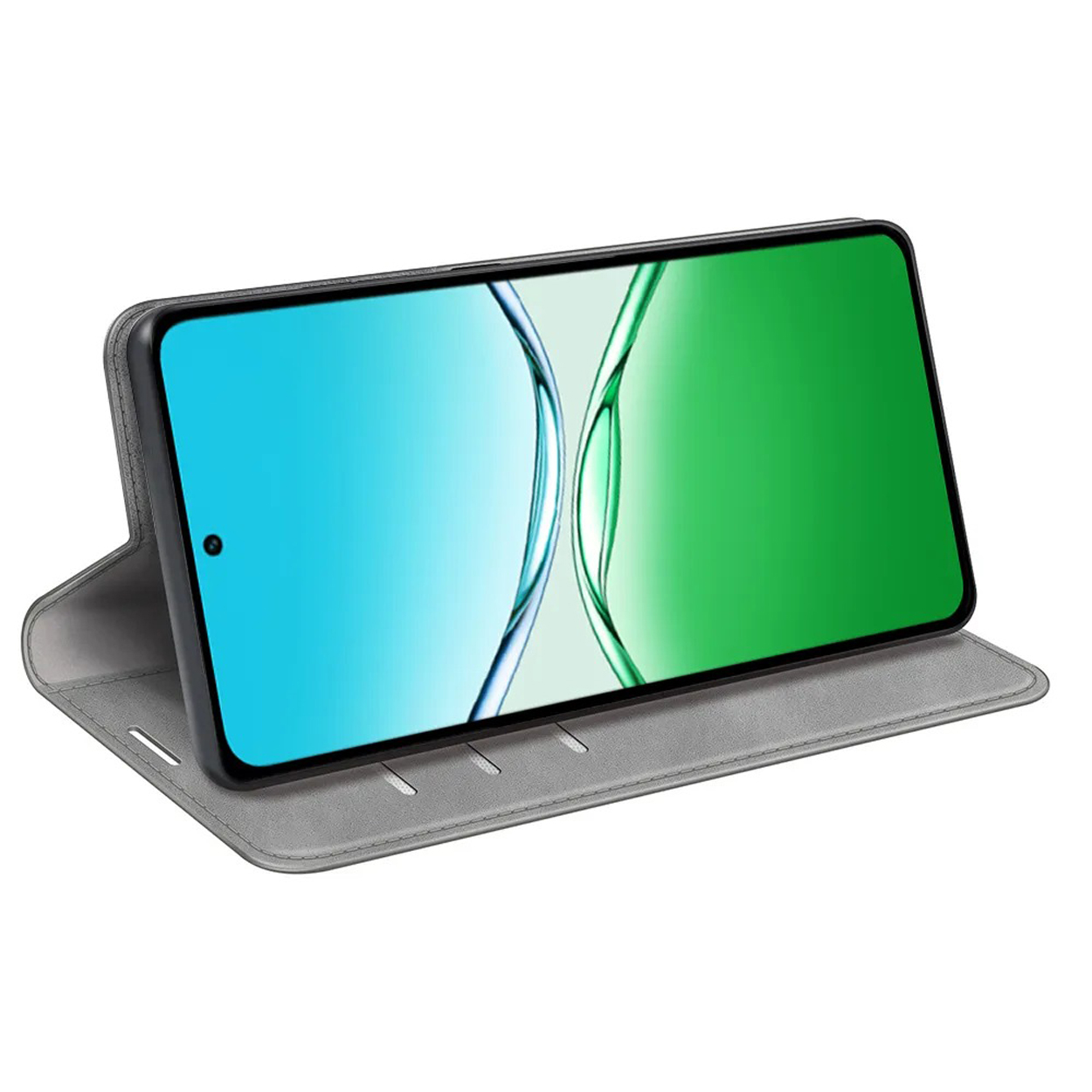 Coque de téléphone grise avec téléphone à l'intérieur. L'écran affiche un graphique bleu et vert.