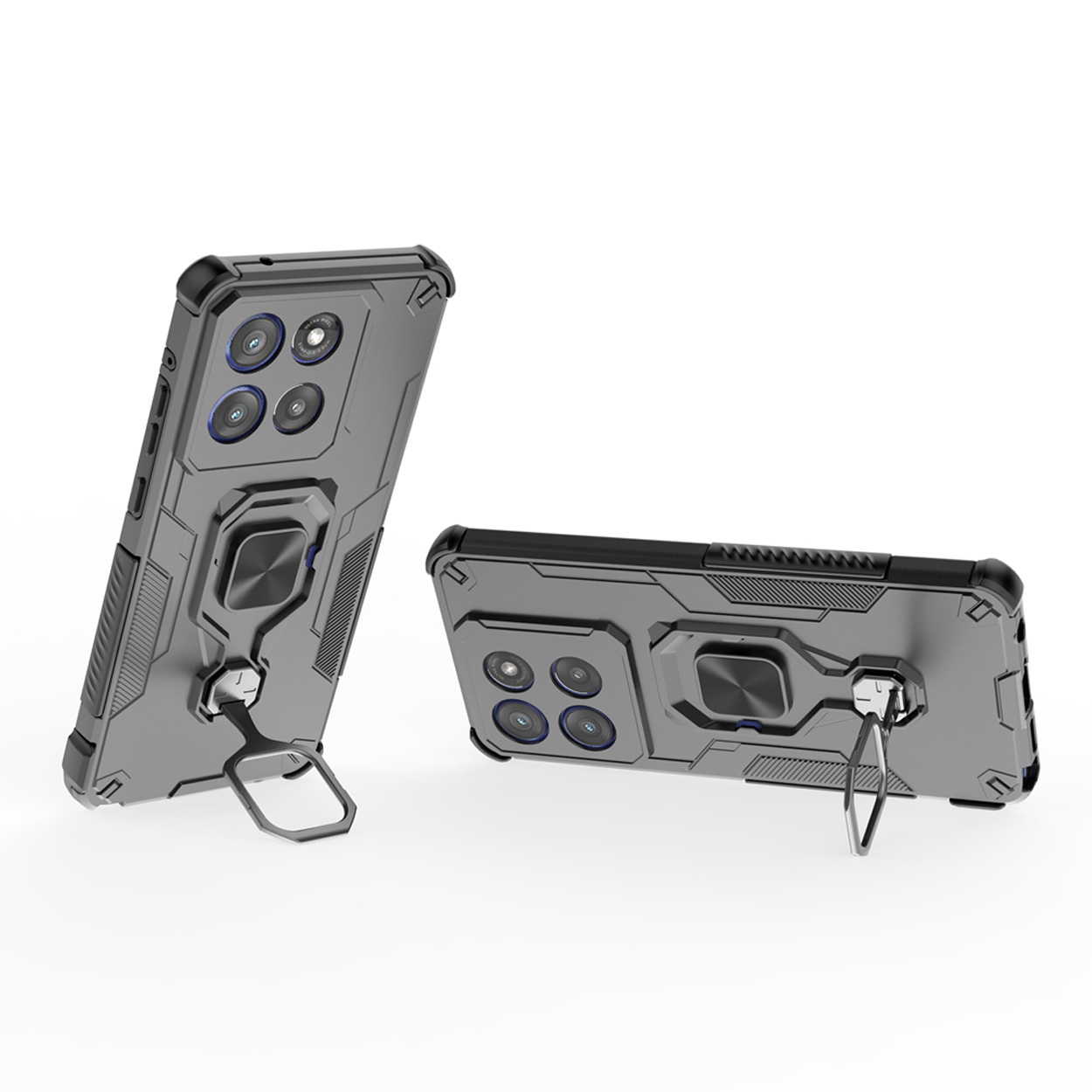 Twee grijze telefoonhoesjes met een ringstandaard. Beide in verschillende posities.