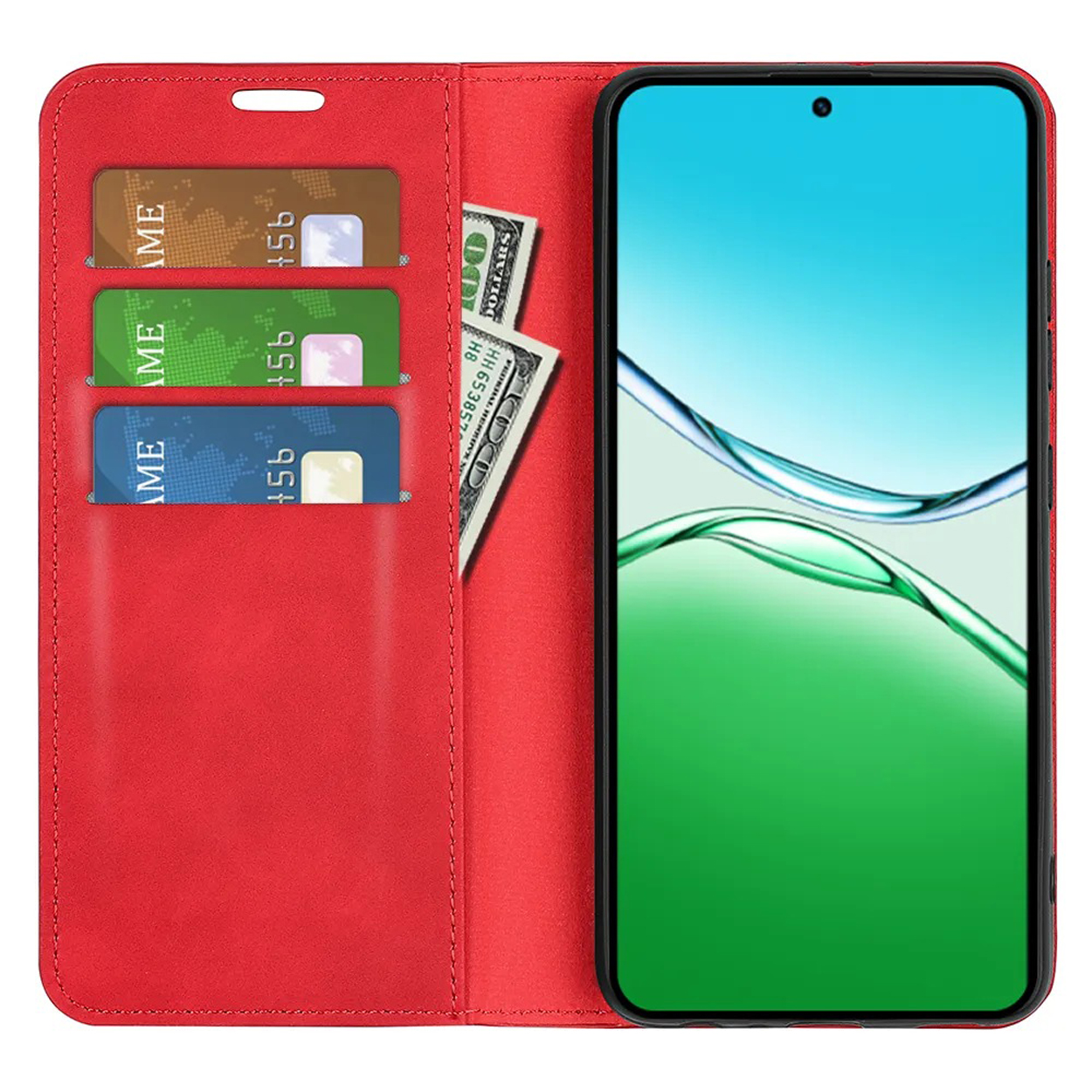 Coque de téléphone rouge ouverte avec cartes et espèces. Écran affiche fond vert.