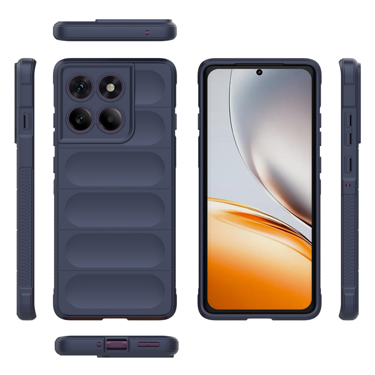 Vues multiples d'une coque de téléphone bleue, montrant différents côtés et angles.