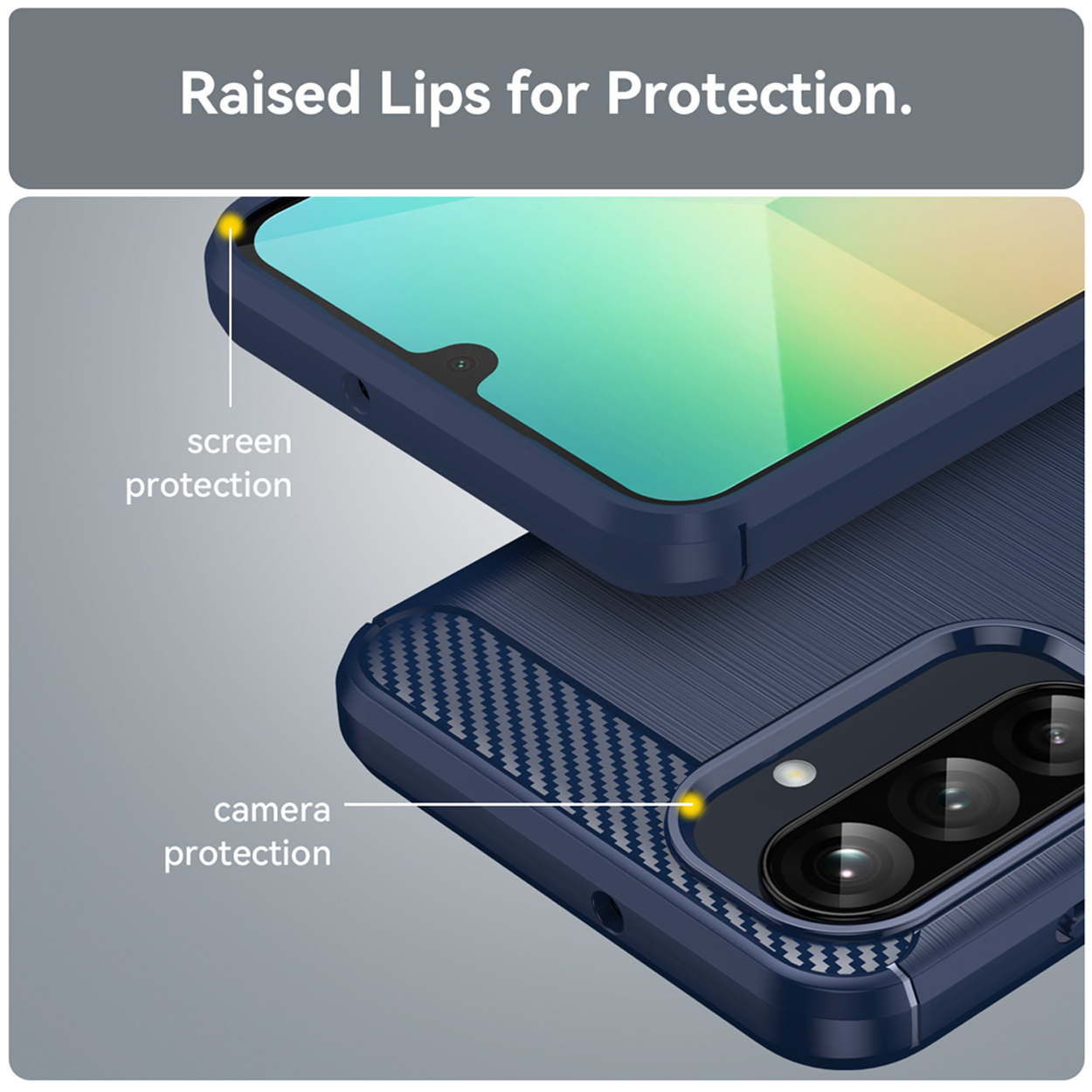 Gros plan d'une coque de téléphone bleue avec texte indiquant la protection de l'écran et de la caméra.