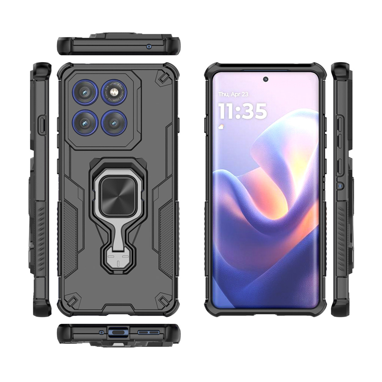 Meerdere weergaven van een grijs telefoonhoesje met een telefoon erin. Met ringstandaard.