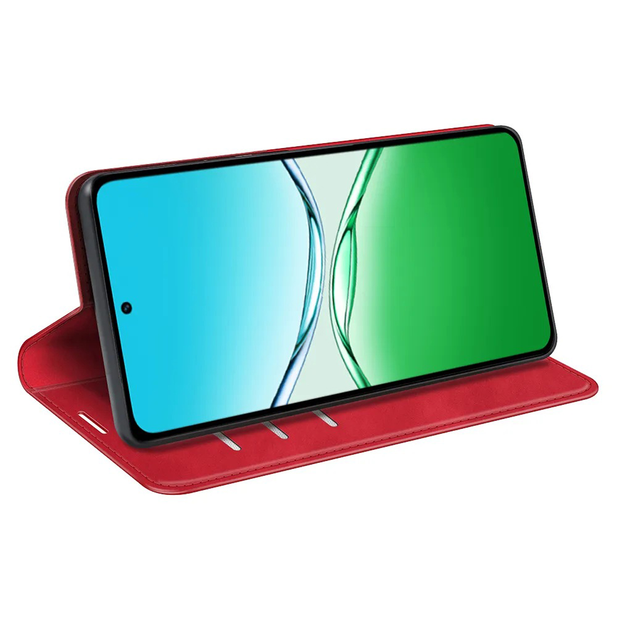 Un étui de téléphone rouge s'ouvre pour révéler un téléphone avec un écran bleu et vert. L'étui est relevé.