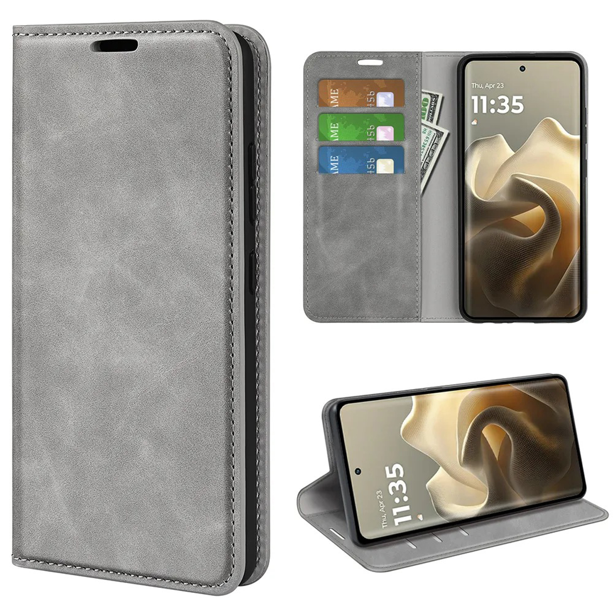 Grijze leren telefoonhoes met een telefoon erin. De hoes is open, met kaarten en contant geld.