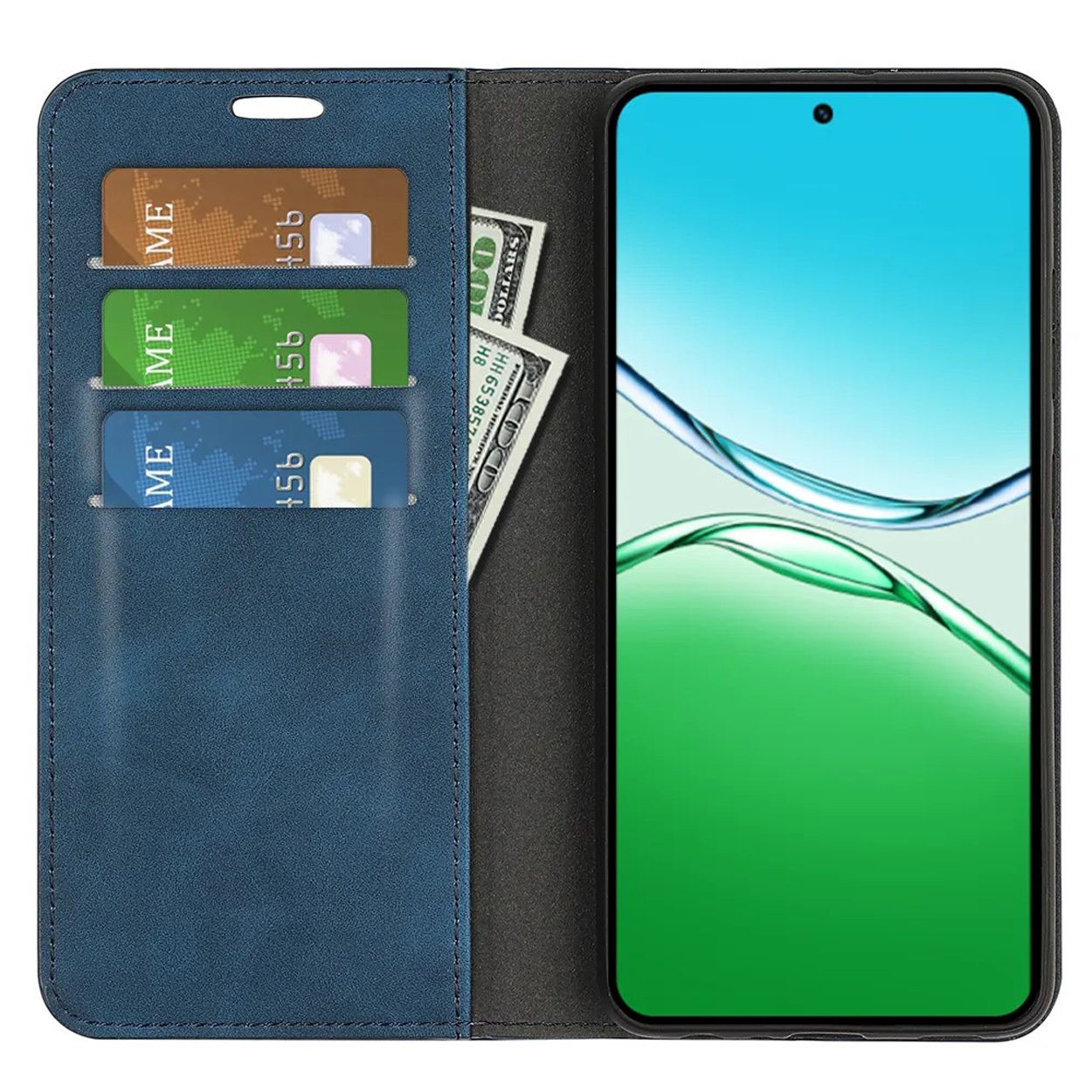 Open blauwe telefoonhoes met kaarten en geld erin. De telefoon rechts toont een groen en blauw scherm.