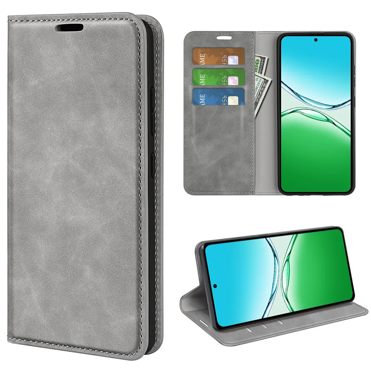 Étui de téléphone en cuir gris avec un téléphone à l'intérieur. L'étui est ouvert, montrant des cartes et de l'argent. Similaire à la première image.