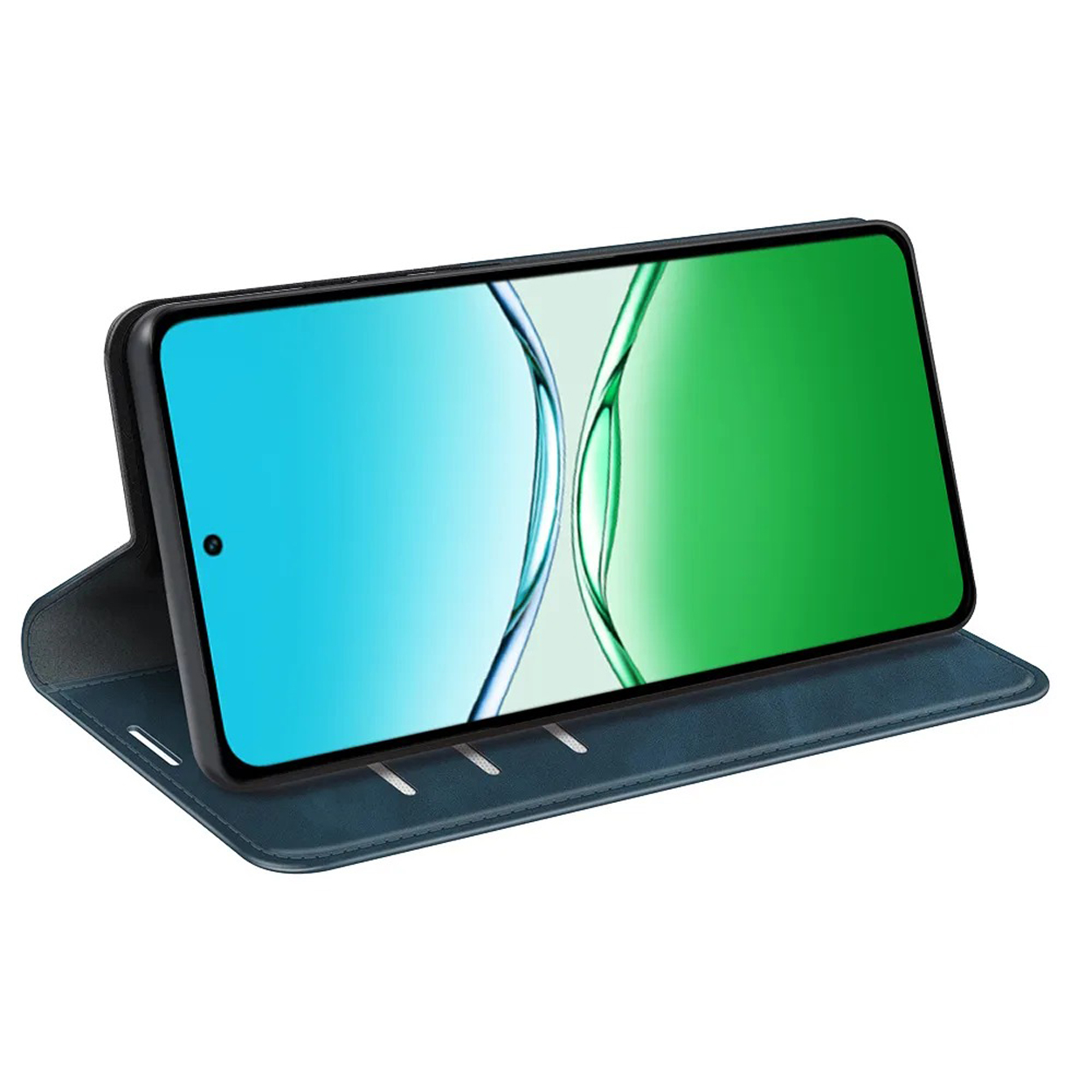 Een blauwe telefoonhoes opent om een telefoon met een blauw en groen scherm te onthullen. De hoes is opgeklapt.