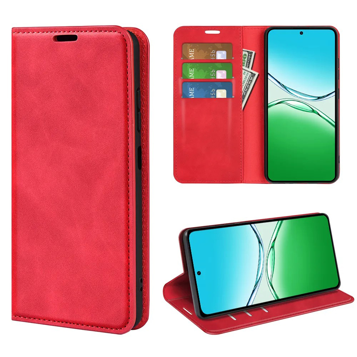 Étui de téléphone en cuir rouge avec un téléphone à l'intérieur. L'étui est ouvert, montrant des cartes et de l'argent.