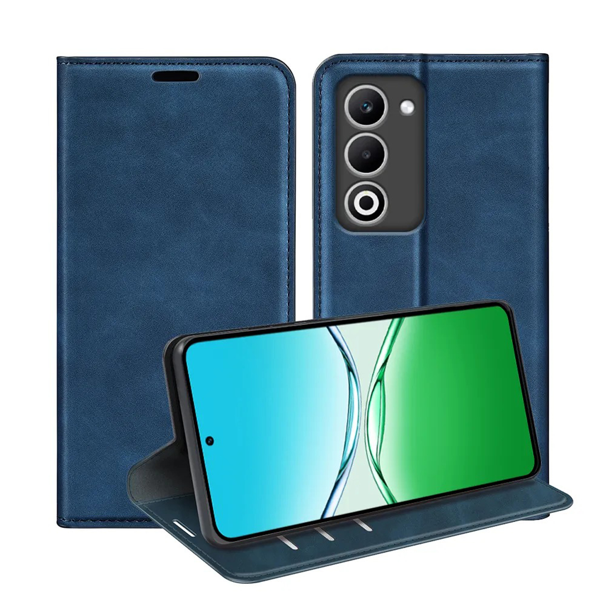 Blauwe telefoonhoes, open, met een telefoon met een groen en wit ontwerp op het scherm. De hoes is leerachtig.