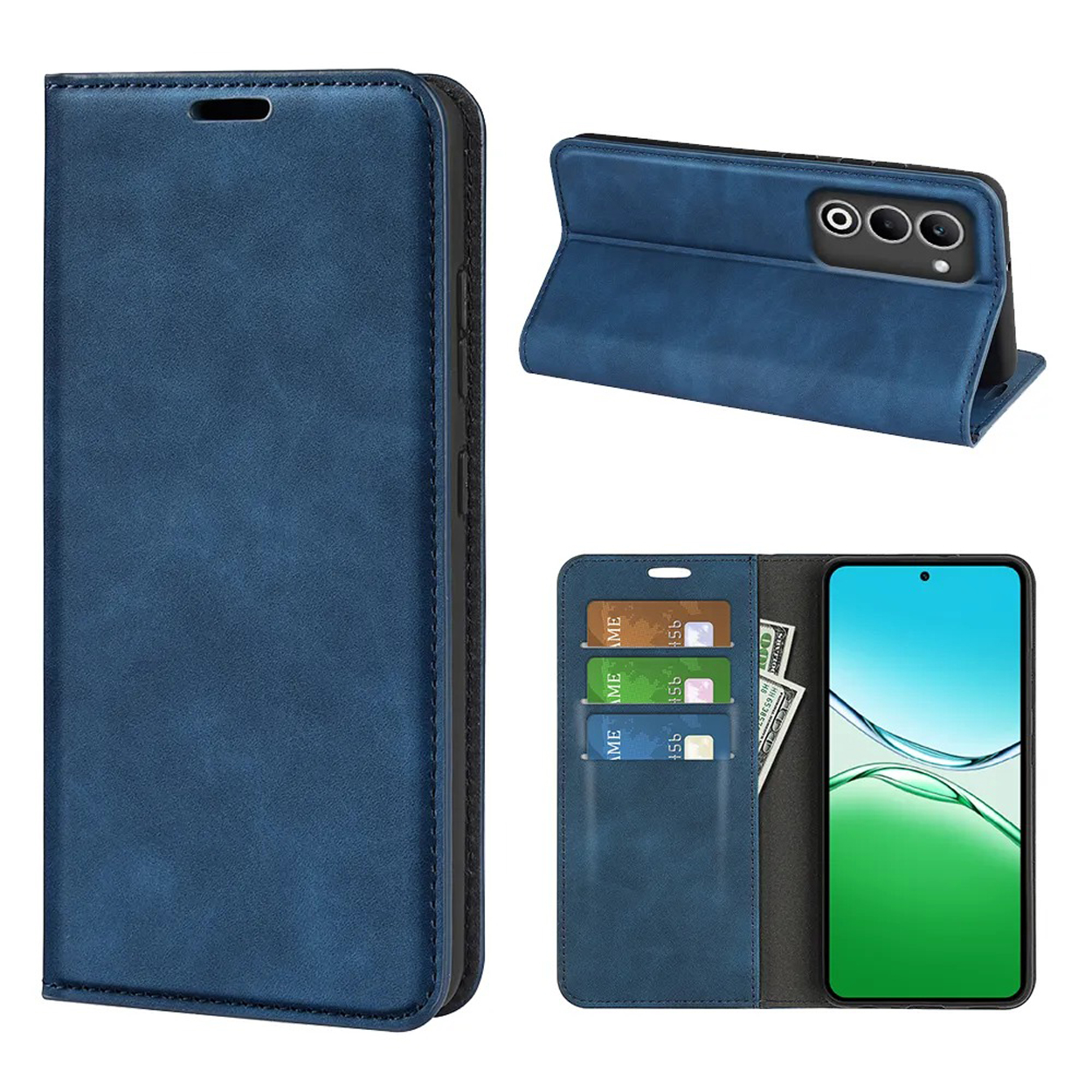 Blauwe leren telefoonhoes met een telefoon erin. De hoes is open, met kaarten en contant geld.