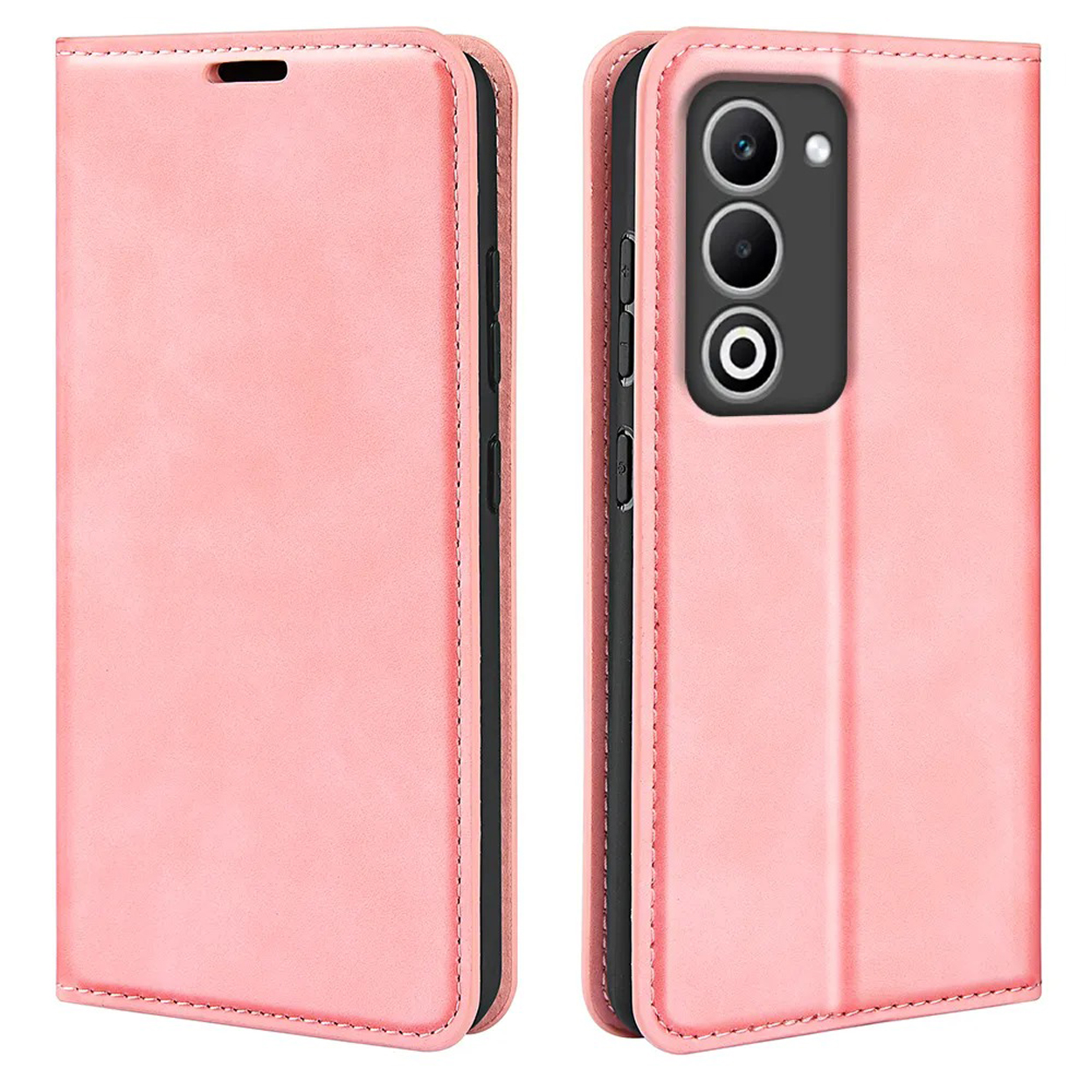 Coque de téléphone rose, fermée et ouverte. L'étui est sur fond blanc. Le téléphone a trois caméras.