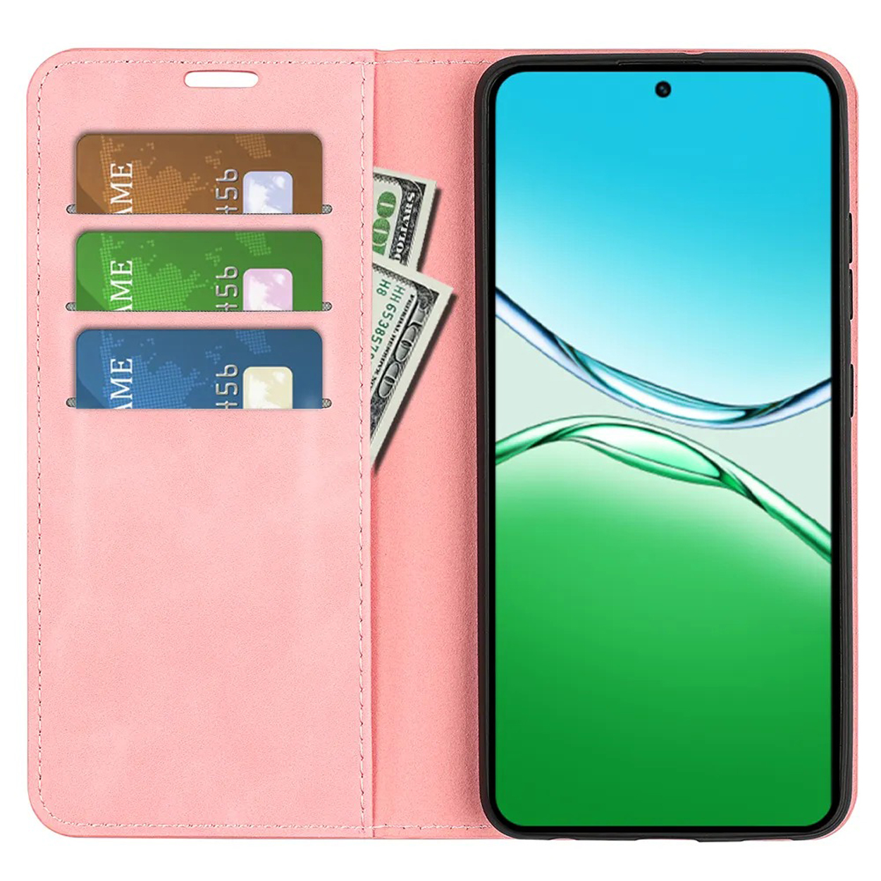 Étui de téléphone rose avec téléphone. Avec emplacements pour cartes et argent.
