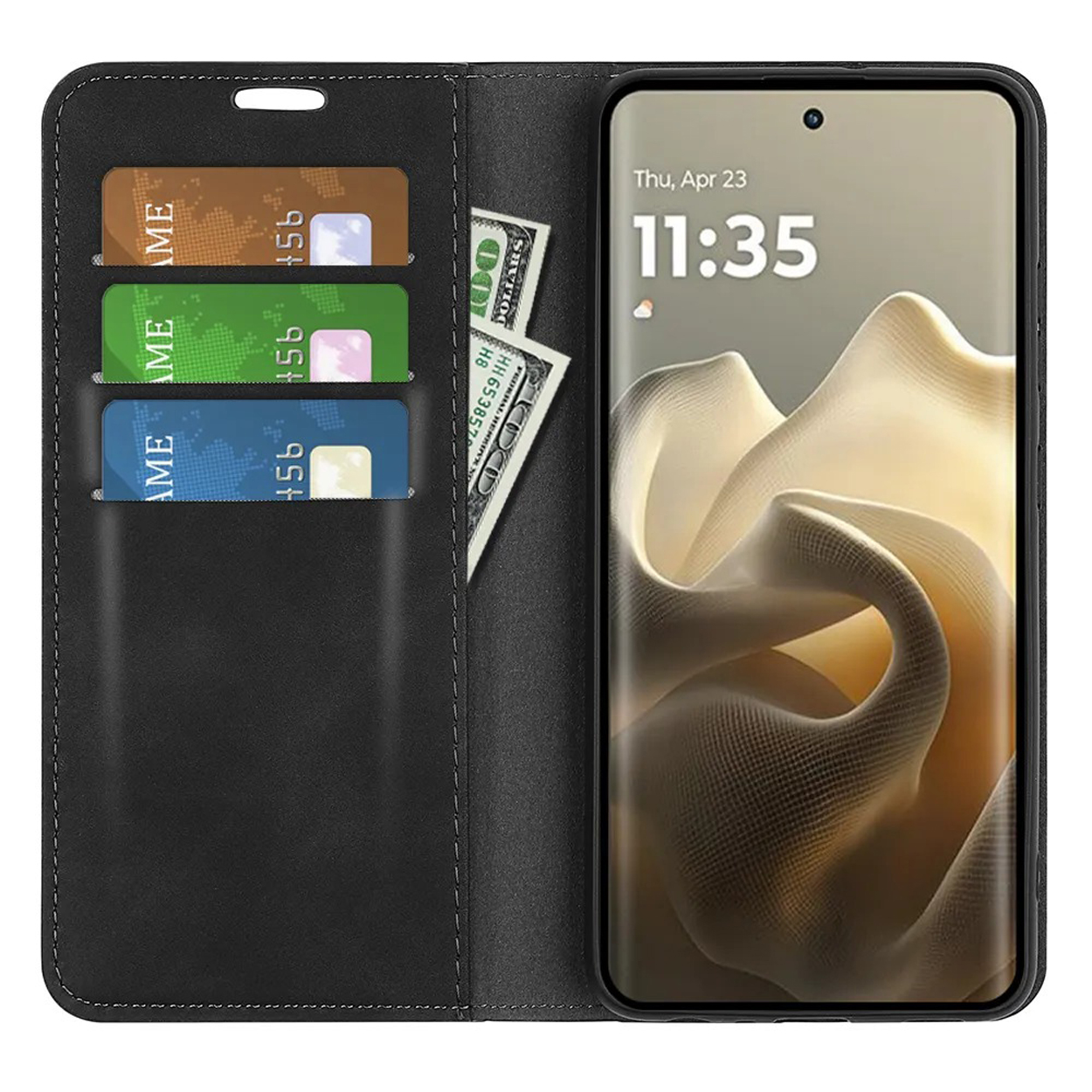 Zwarte telefoonhoes met kaarten en geld. Telefoon toont de tijd.