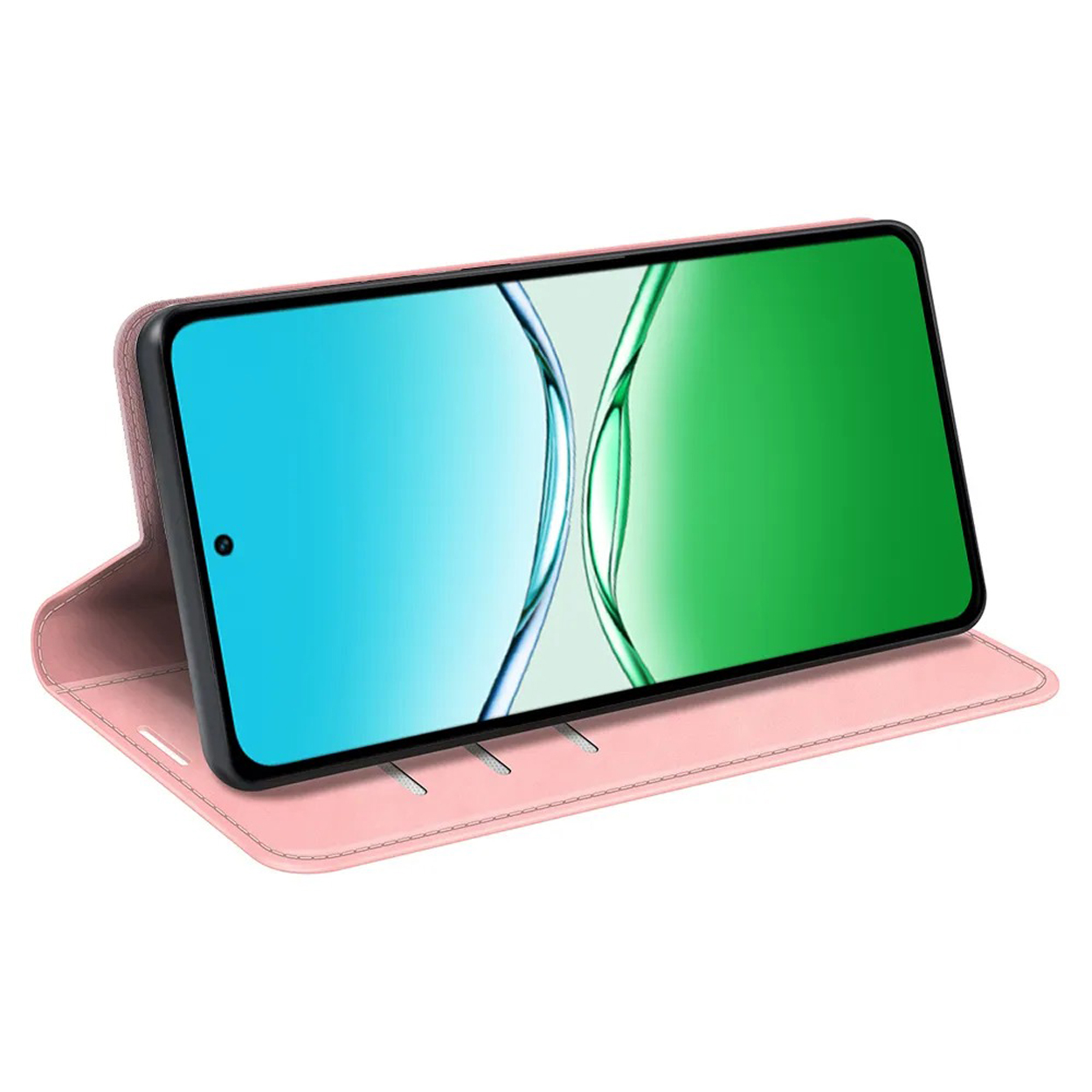 Étui de téléphone rose avec un téléphone affichant un fond vert et bleu.