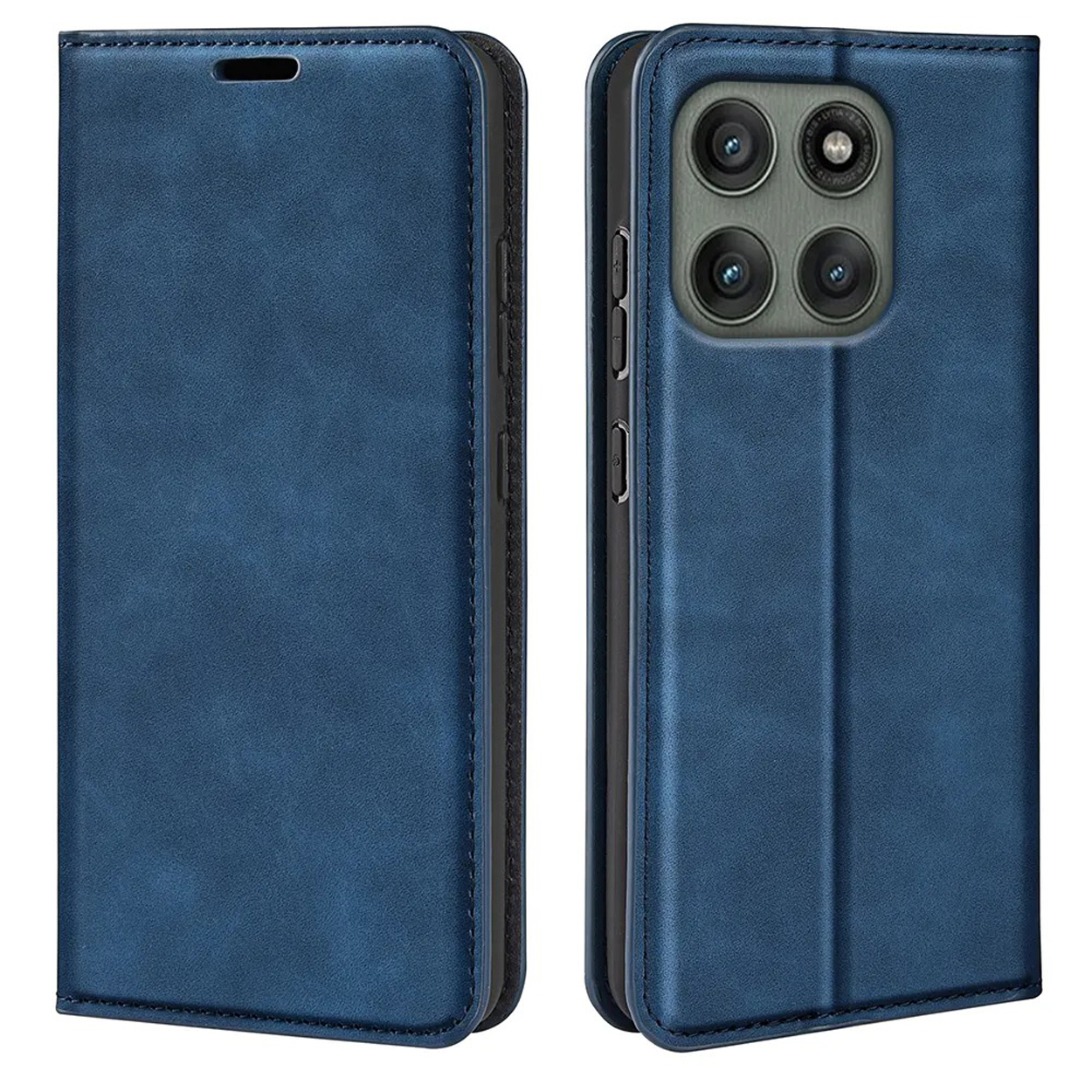 Blauwe telefoonhoes, links gesloten, rechts open, met een telefoon.