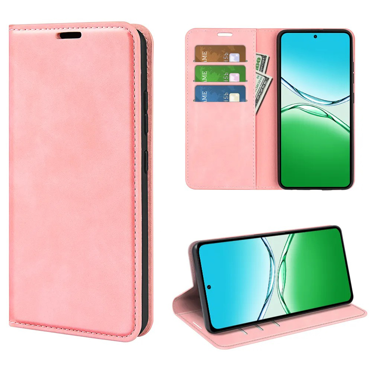 Étui de téléphone rose avec téléphone à l'intérieur. Le téléphone affiche un fond bleu et blanc.
