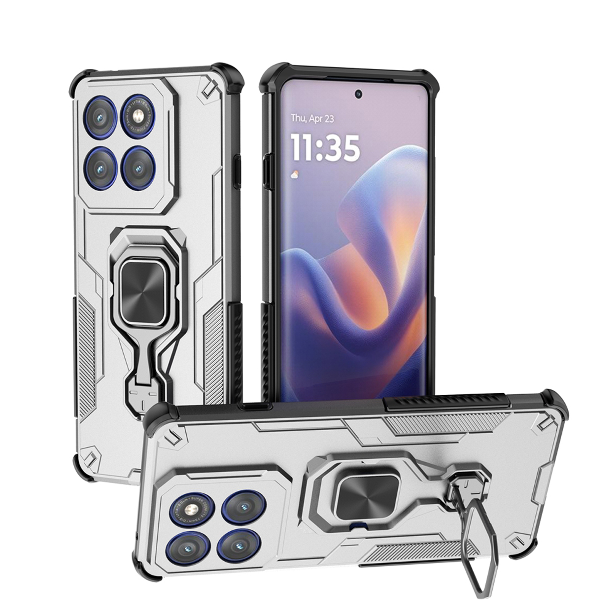Zilveren telefoonhoes met telefoon. De hoes heeft een ringhouder.