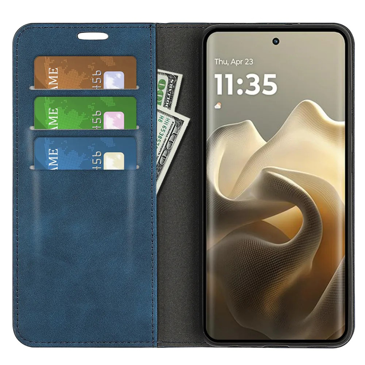 Blauwe telefoonhoes met kaarten en geld. Telefoon toont de tijd.