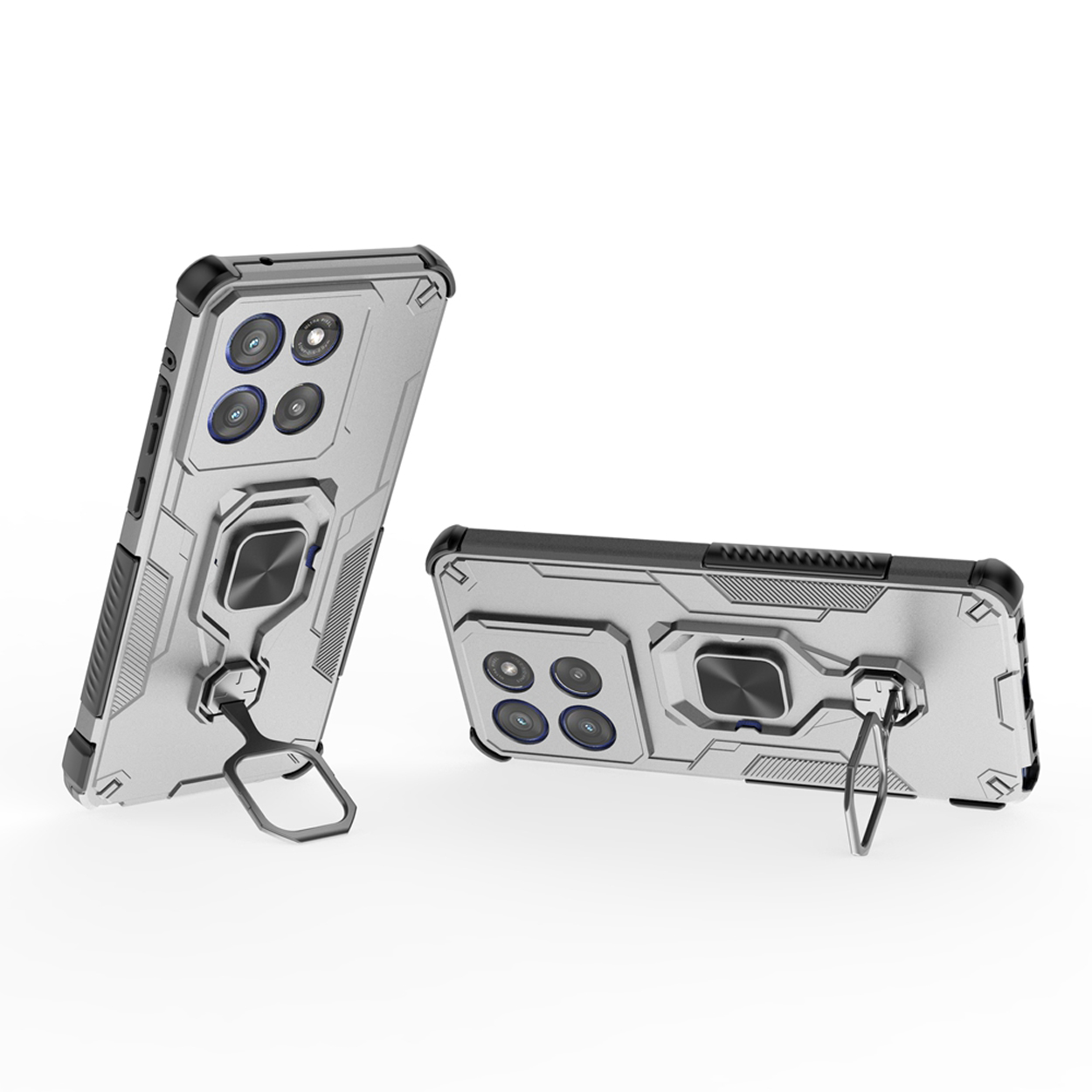 Zilveren telefoonhoesjes, één met standaard, tentoongesteld op een grijs oppervlak.