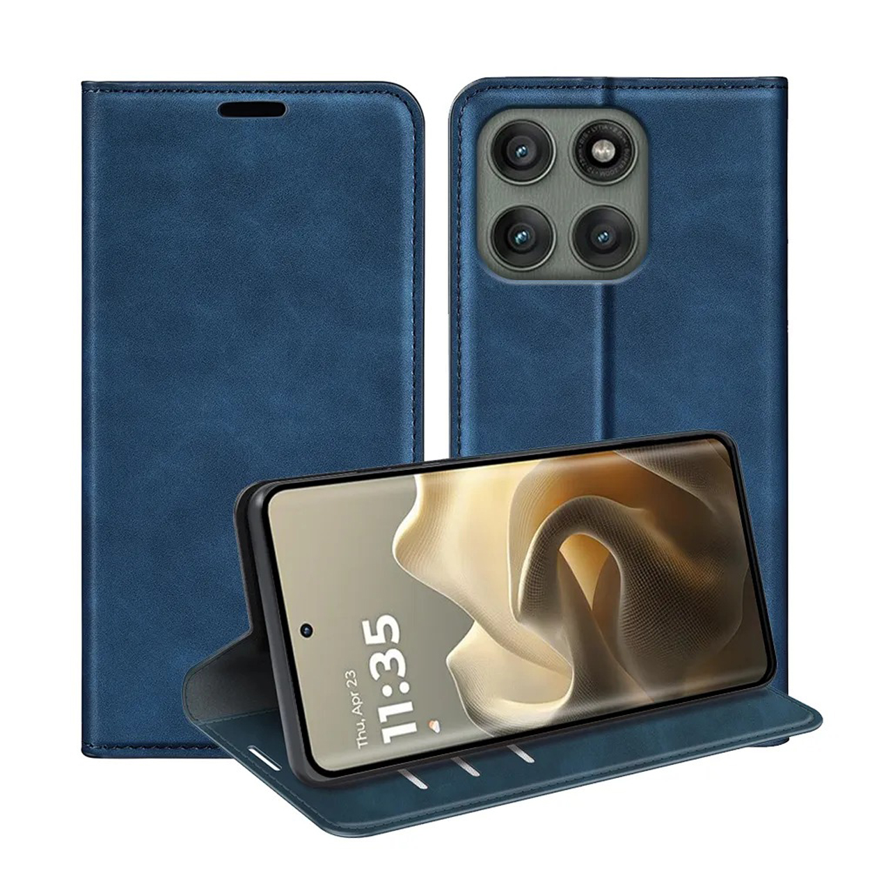 Blauwe telefoonhoes met telefoon erin. Telefoon toont de tijd.