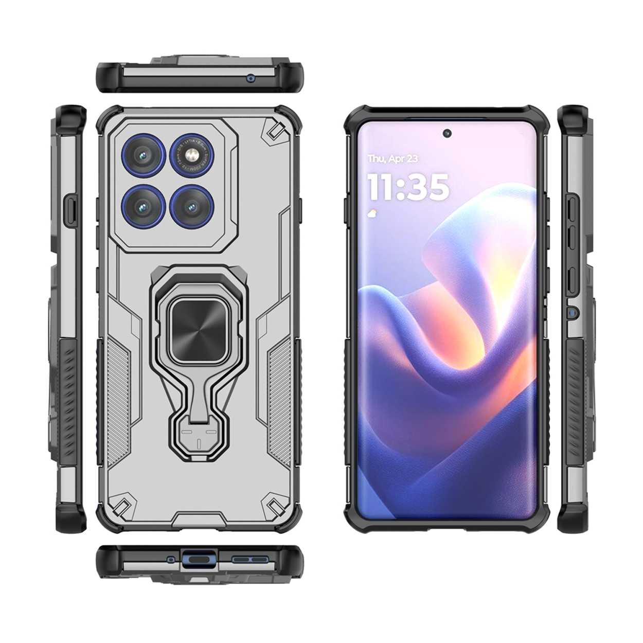 Grijze telefoonhoes met robuust ontwerp, inclusief ringhouder en gedetailleerde camerabescherming.