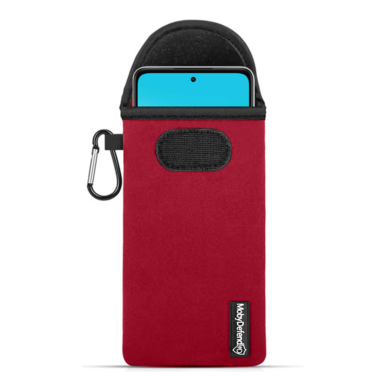 Housse rouge pour téléphone avec un sommet noir, un mousqueton et le logo de la marque "ModaDefend" en bas.
