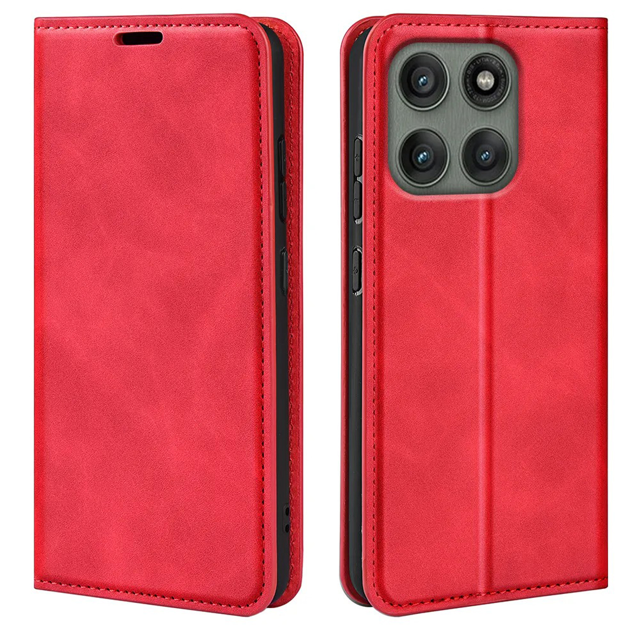 Een rode telefoonhoes met een telefoon erin. Er zijn kaartsleuven en een display met tijd en datum.
