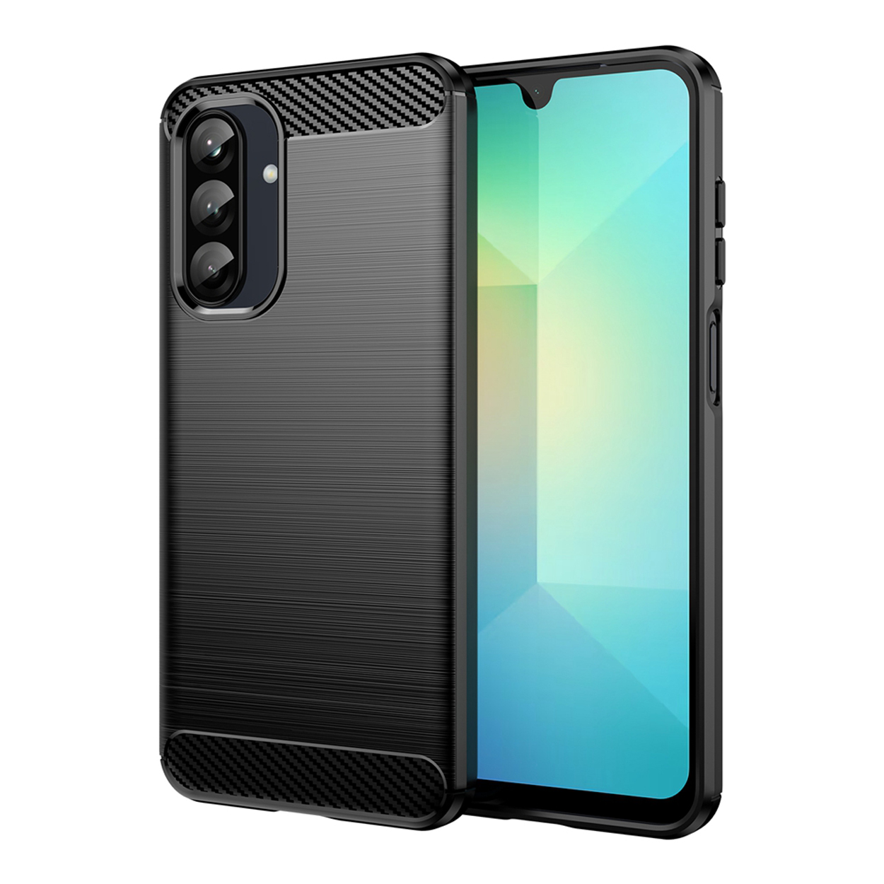 Zwarte telefoonhoes met een gestructureerde achterkant, ontworpen voor bescherming en stijl, naast een telefoon met een verlicht scherm.