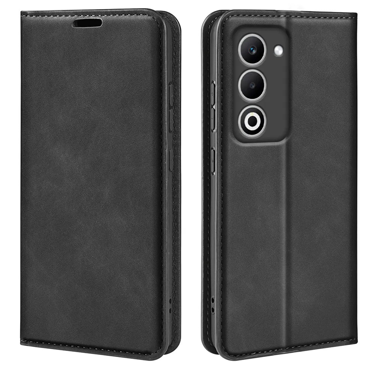 Une coque de téléphone noire, ouverte pour révéler un téléphone. Elle a une découpe pour l'appareil photo et une surface lisse.