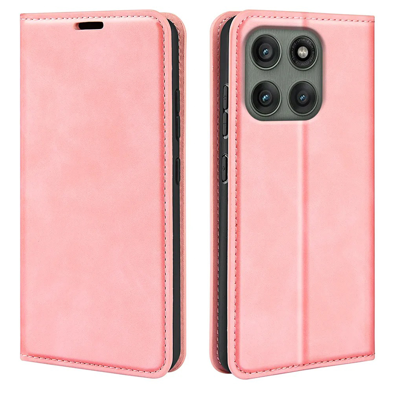 Een roze telefoonhoes, open om een telefoon te onthullen. Het heeft een camera-uitsparing en een glad oppervlak.