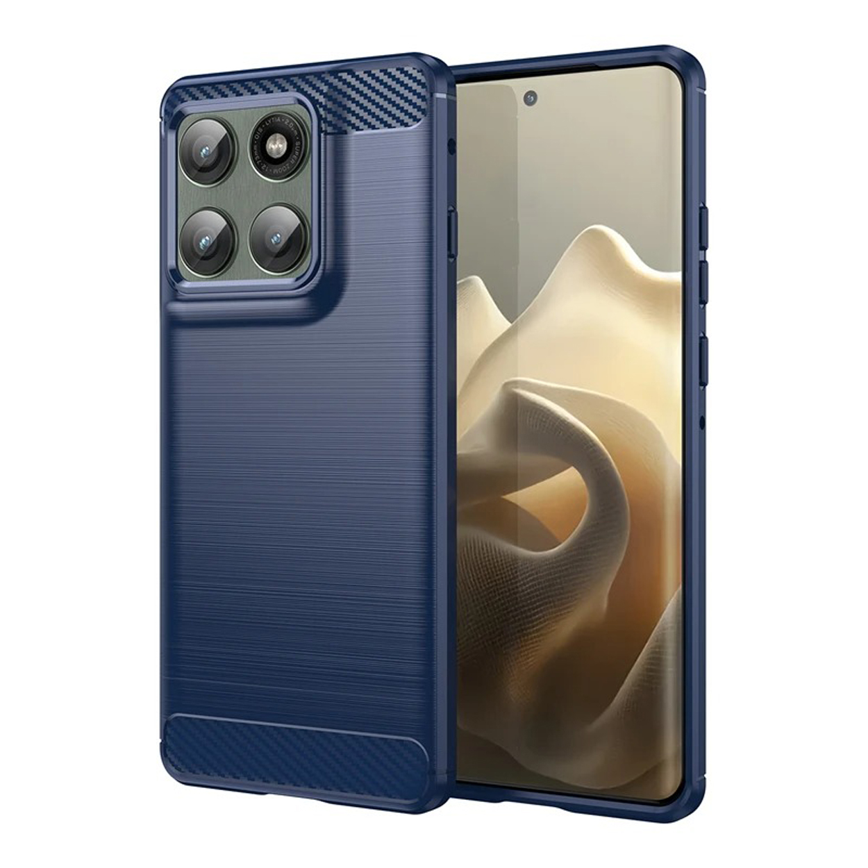 Étui bleu foncé avec un dos texturé, conçu pour la protection, debout à côté d'un téléphone avec un écran allumé.