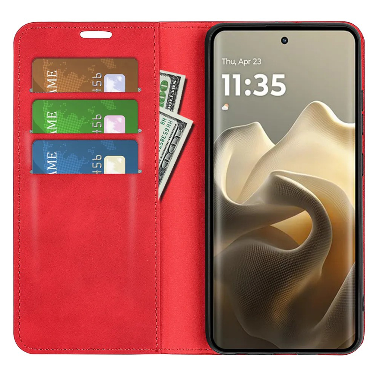 Een rode telefoonhoes, open om een telefoon te onthullen. Het heeft kaartsleuven, een display en toont geld.