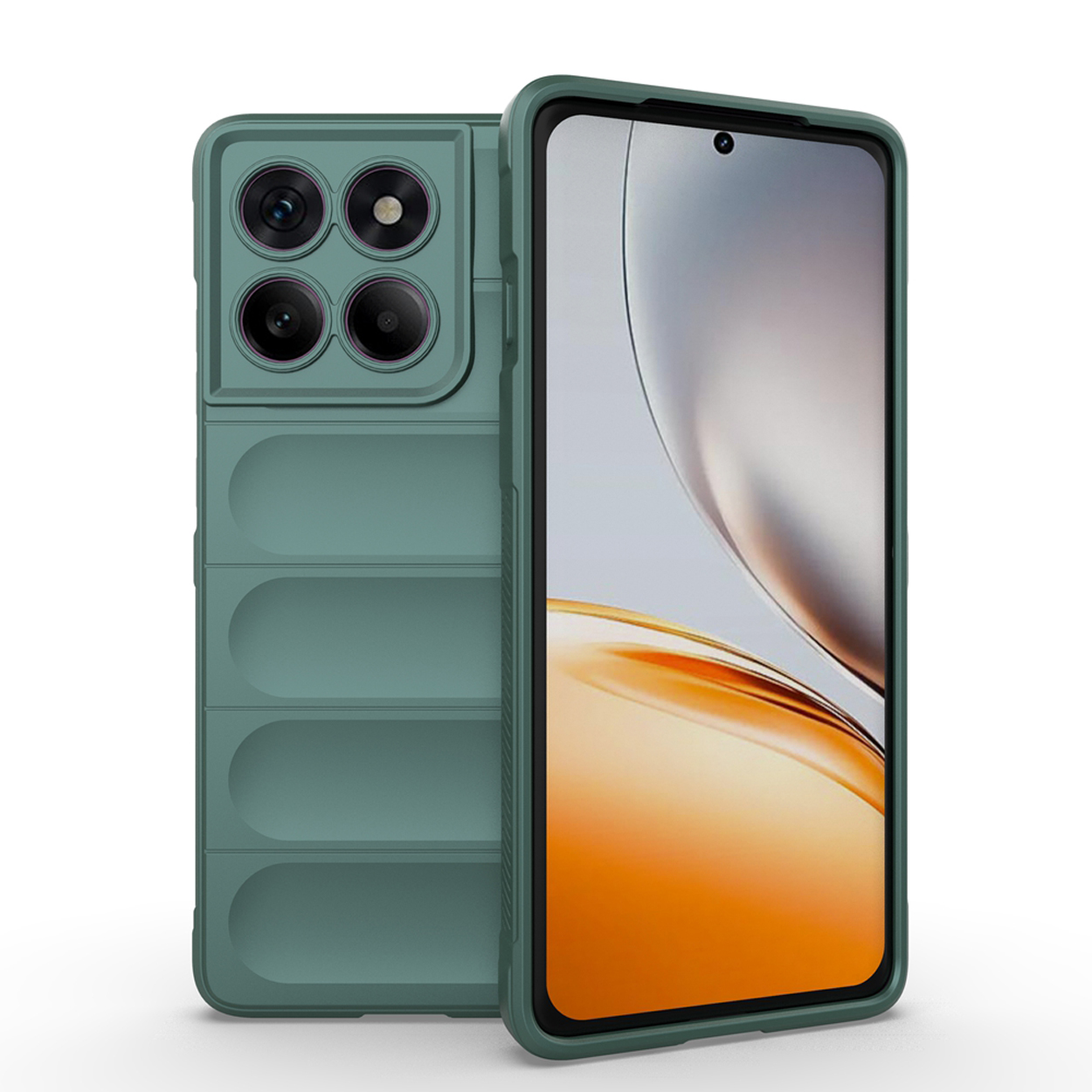 Coque verte avec protection de la caméra et éléments de design, à côté d'un téléphone avec écran allumé.