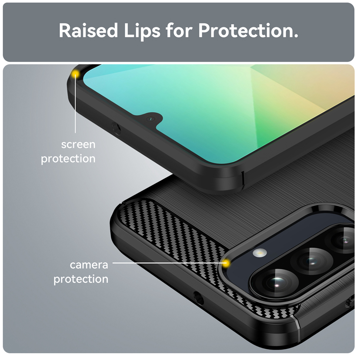 Een telefoonhoesje met beschermingslabels. 'Raised Lips for Protection', 'screen protection' en 'camera protection'.