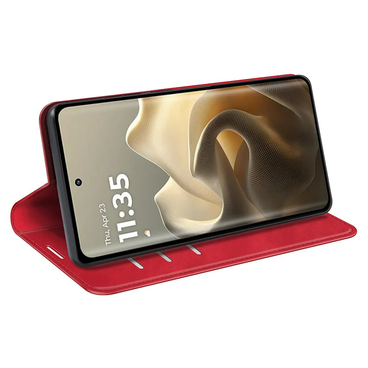 Rode portemonneehoes voor een telefoon, open om het telefoonscherm en de standfunctie weer te geven.
